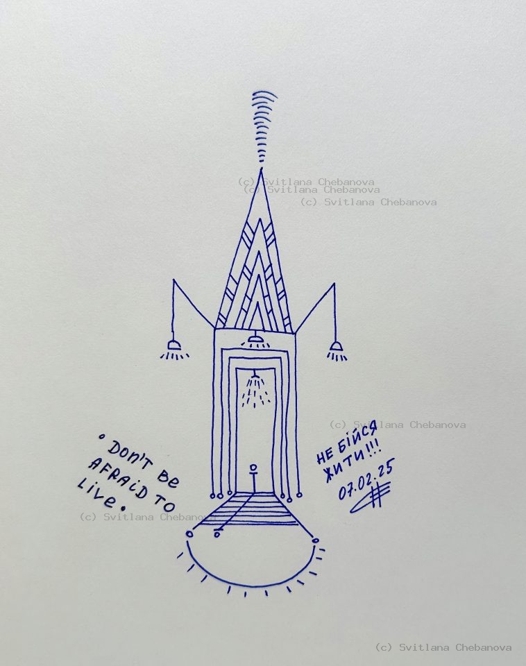 Angel artwork Day 38 - Blue pen tower rocket doorway pointed spire