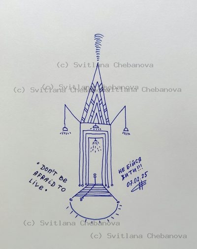 Angel artwork Day 38 - Blue pen tower rocket doorway pointed spire