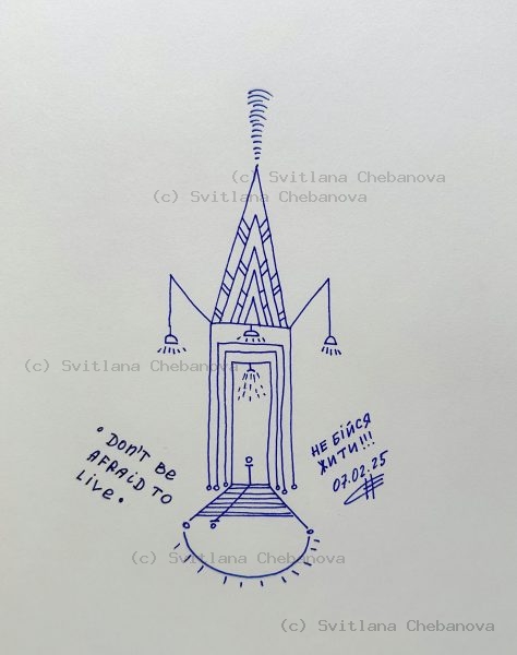 Angel artwork Day 38 - Blue pen tower rocket doorway pointed spire