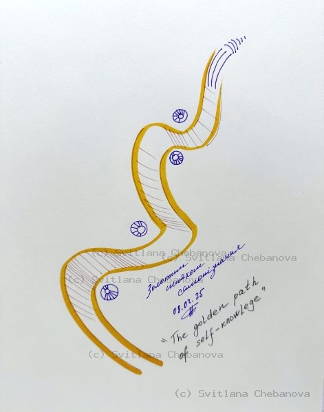 Angel artwork Day 39 - Yellow gold marker blue pen winding S-curve path shells