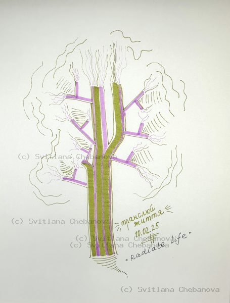 Angel artwork Day 41 - Olive green pink marker stylized tree branches steam