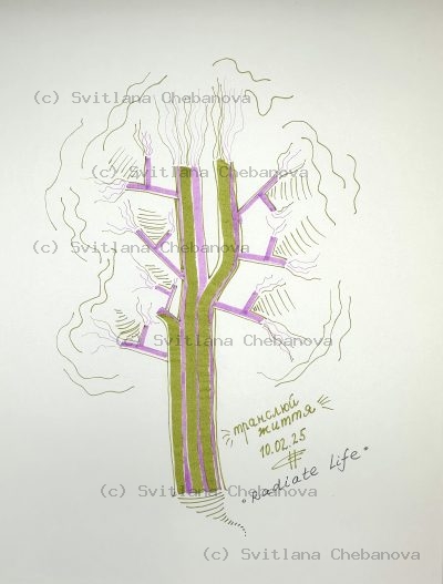 Angel artwork Day 41 - Olive green pink marker stylized tree branches steam