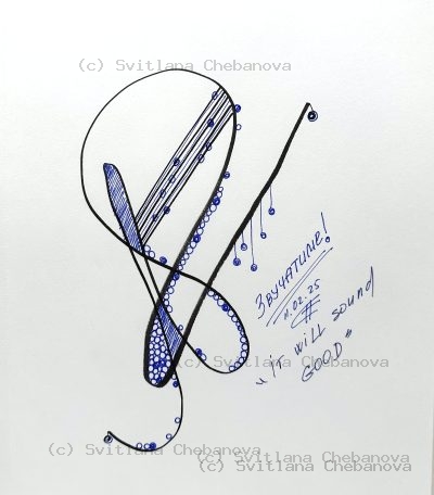 Angel artwork Day 42 - Blue pen abstract musical instrument strings bubbles