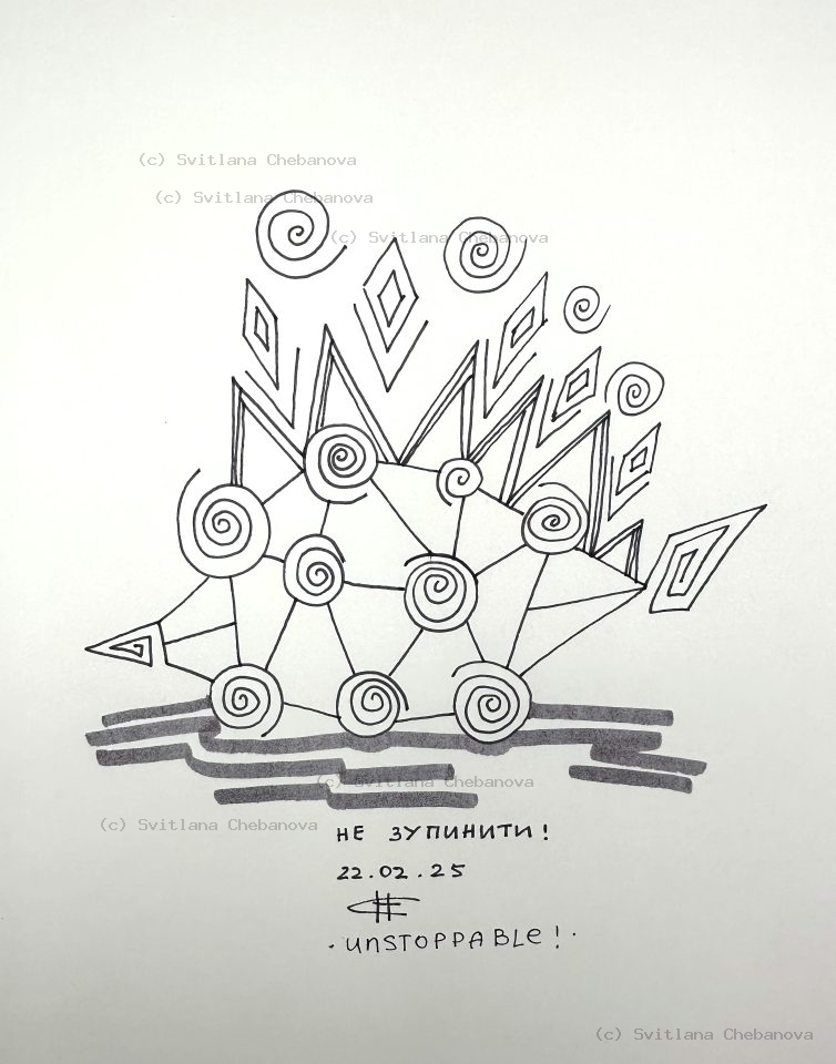 Angel artwork Day 53 - Black pen geometric ship spirals chevrons on water