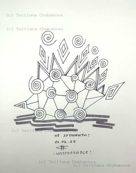 Angel artwork Day 53 - Black pen geometric ship spirals chevrons on water