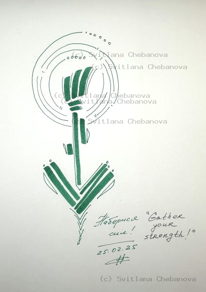 Angel artwork Day 56 - Green marker stylized flower raised fist concentric circles