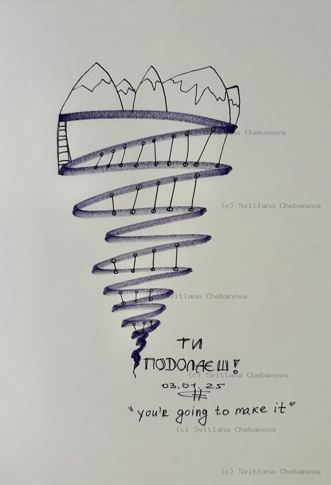Angel artwork Day 3 - Blue purple pen spiral tornado rising above mountains
