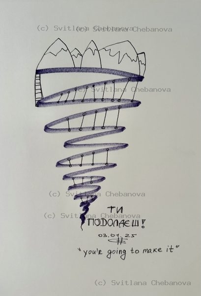Angel artwork Day 3 - Blue purple pen spiral tornado rising above mountains