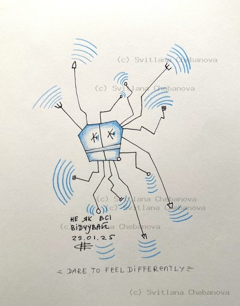Angel artwork Day 29 - Black pen blue signal arcs robot creature broadcasting