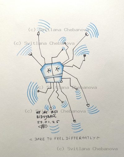 Angel artwork Day 29 - Black pen blue signal arcs robot creature broadcasting