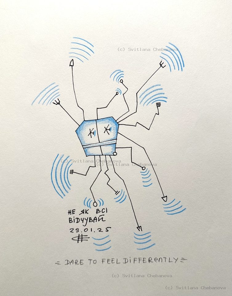Angel artwork Day 29 - Black pen blue signal arcs robot creature broadcasting