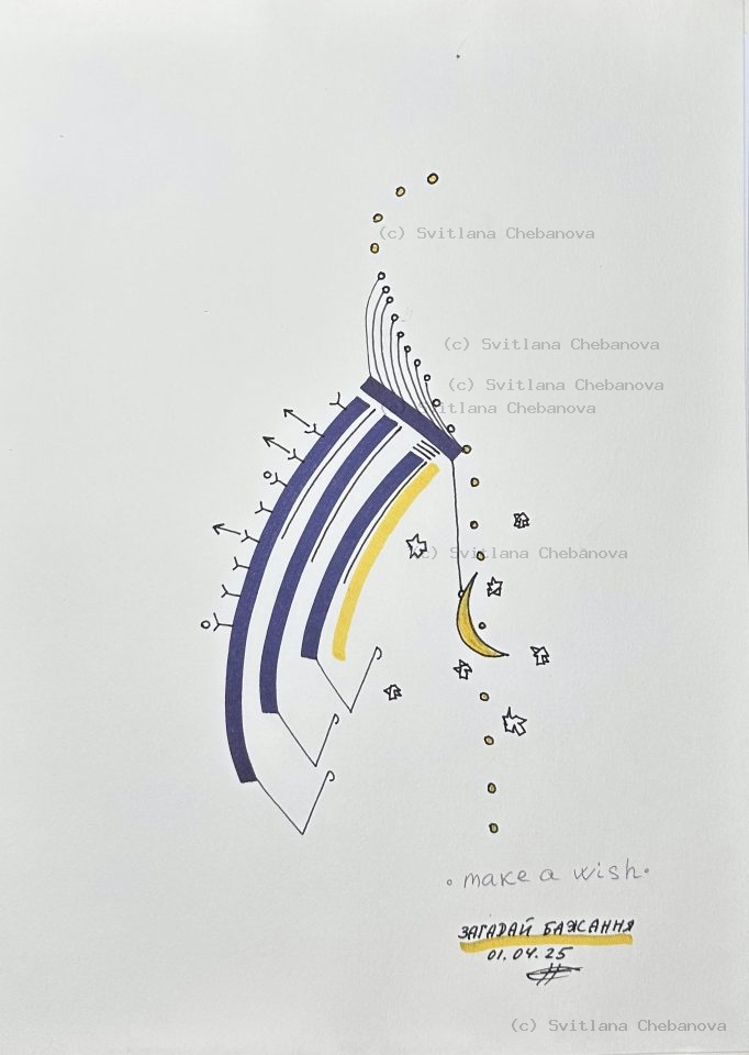 Angel artwork Day 91 - Blue yellow pen marker curved stripes stars crescent moon