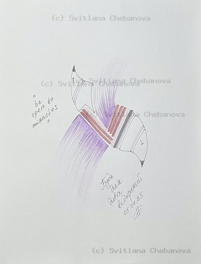 Angel artwork Day 95 - Purple burgundy pink colored pencil curved wings striped rectangles