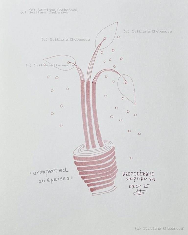 Angel artwork Day 99 - Rose pink pen stylized plant striped bulb leaves bubbles