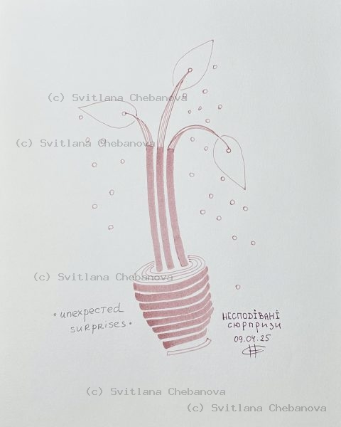 Angel artwork Day 99 - Rose pink pen stylized plant striped bulb leaves bubbles