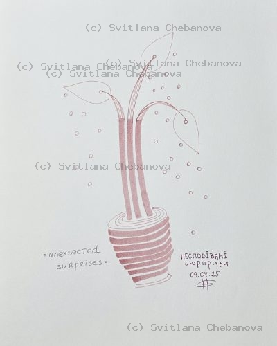 Angel artwork Day 99 - Rose pink pen stylized plant striped bulb leaves bubbles