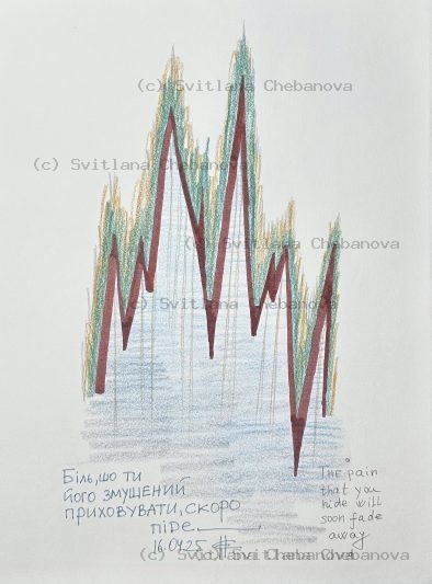 Angel artwork Day 106 - Burgundy red colored pencil mountain wave zigzag green yellow vegetation