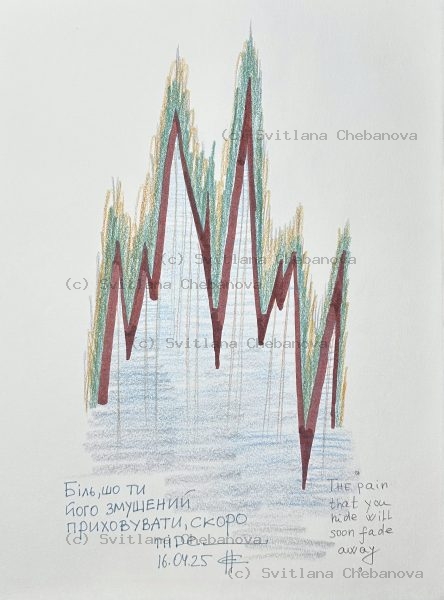 Angel artwork Day 106 - Burgundy red colored pencil mountain wave zigzag green yellow vegetation