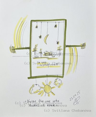 Angel artwork Day 113 - Olive green pen marker picture frame window night moon sun