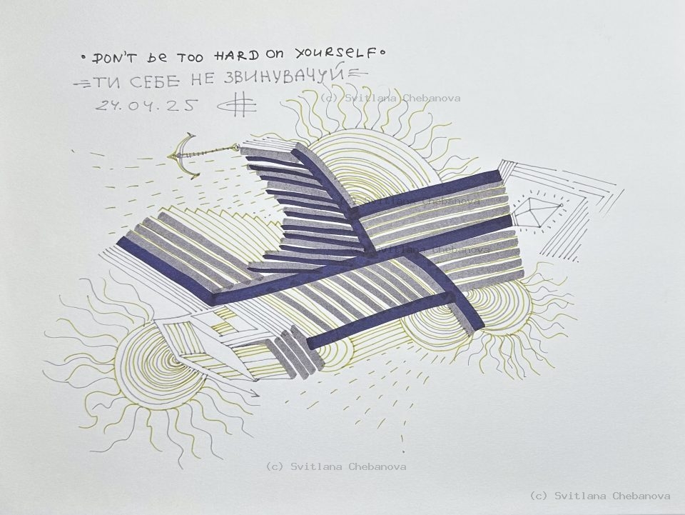 Angel artwork Day 114 - Gray blue marker overlapping striped rectangles yellow suns