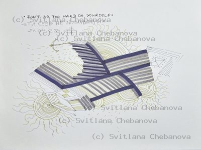 Angel artwork Day 114 - Gray blue marker overlapping striped rectangles yellow suns