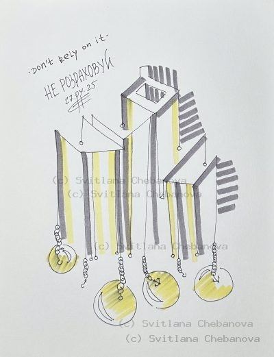 Angel artwork Day 117 - Gray yellow pen marker stylized horse striped bars chains spheres
