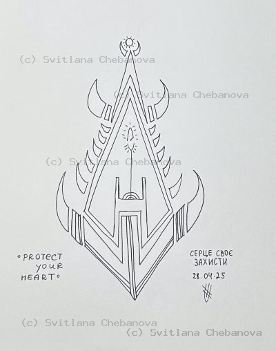 Angel artwork Day 118 - Pen symmetrical arrow spear triangles crescent moons talisman