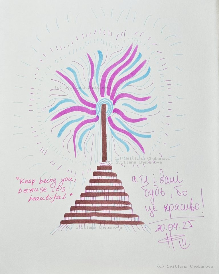 Angel artwork Day 120 - Burgundy brown marker stepped pyramid stairway blue magenta sunburst