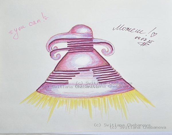 Angel artwork Day 185 - Pink magenta colored pencil bell pyramid yellow rays encouragement