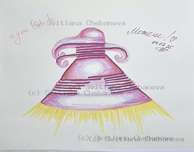 Angel artwork Day 185 - Pink magenta colored pencil bell pyramid yellow rays encouragement