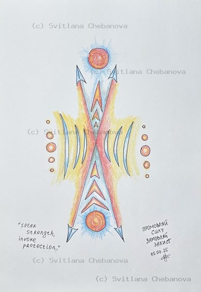 Angel artwork Day 186 - Orange red blue colored pencil cross design suns feathers protection