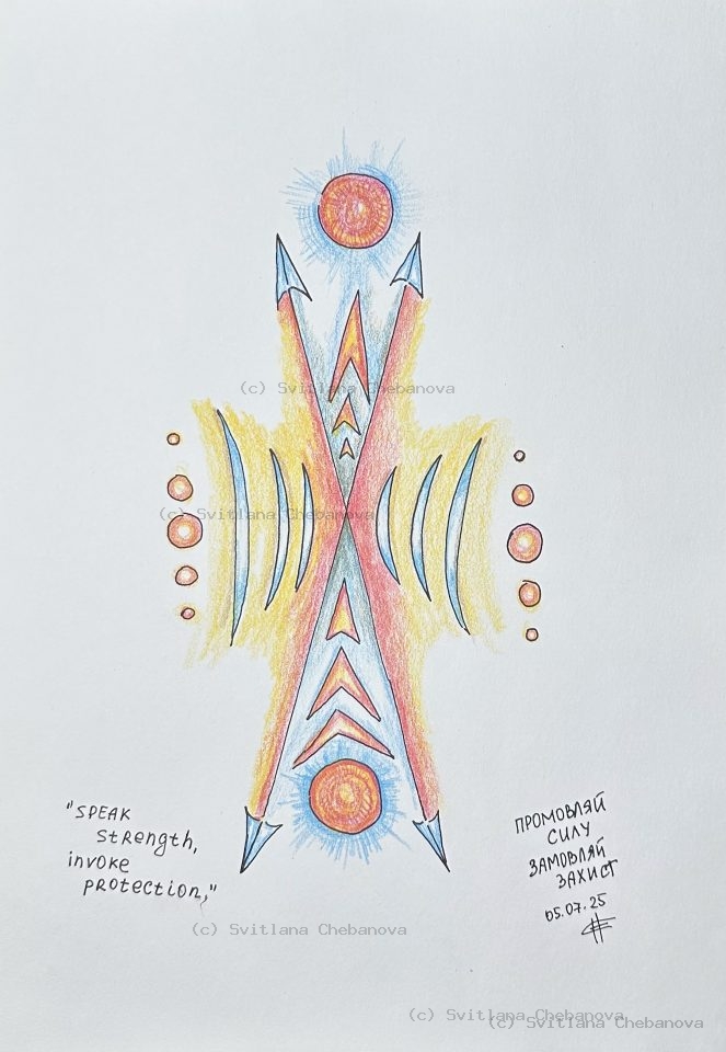 Angel artwork Day 186 - Orange red blue colored pencil cross design suns feathers protection