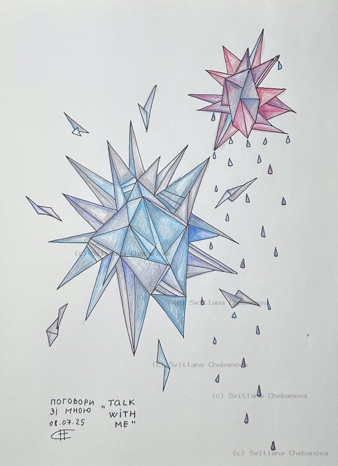 Angel artwork Day 189 - Blue pink colored pencil geometric crystalline stars teardrops