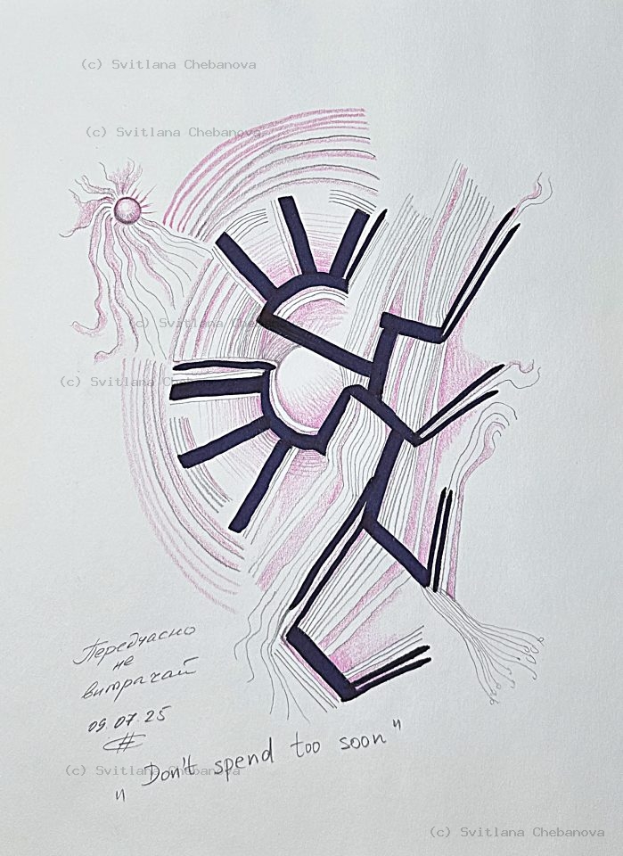 Angel artwork Day 190 - Pink colored pencil pen abstract sun dark spokes organic lines