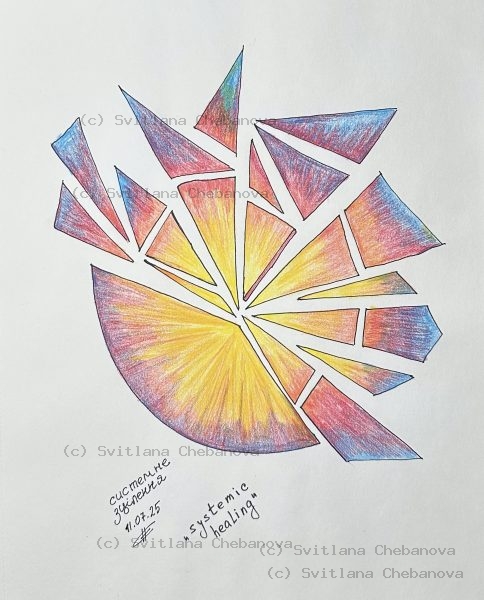 Angel artwork Day 192 - Colored pencil fragmented sun yellow center triangular shards healing