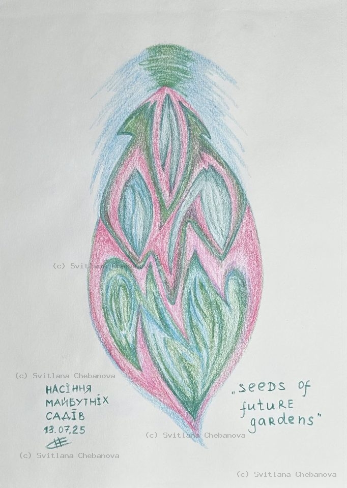 Angel artwork Day 194 - Colored pencil seed leaf green patterns pink border blue rays