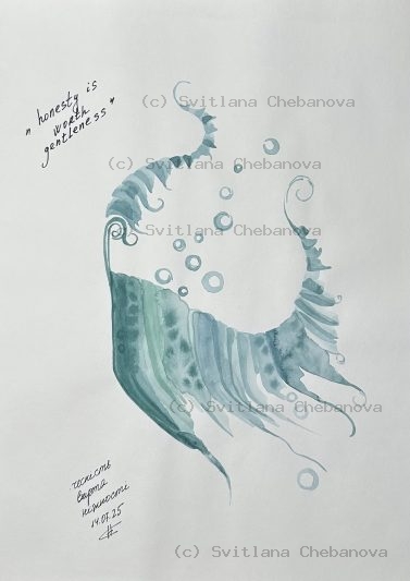 Angel artwork Day 195 - Teal blue green watercolor crescent feather textures bubbles