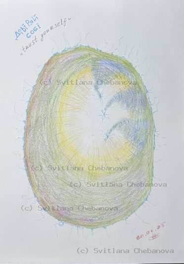 Angel artwork Day 201 - Yellow green blue colored pencil oval egg swirling stars trust