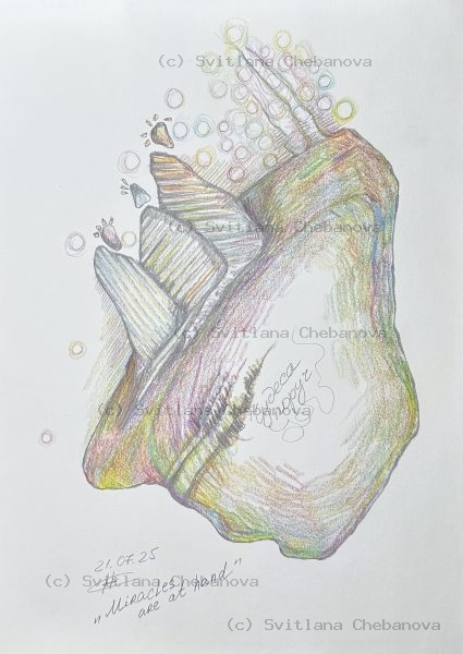 Angel artwork Day 202 - Colored pencil seashells pastel hues bubbles miracles