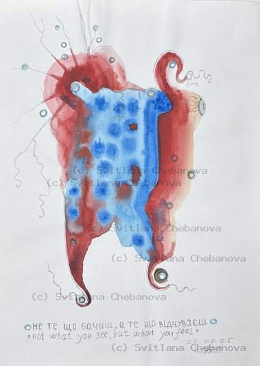 Angel artwork Day 203 - Red burgundy blue watercolor organic tentacles circles intuition