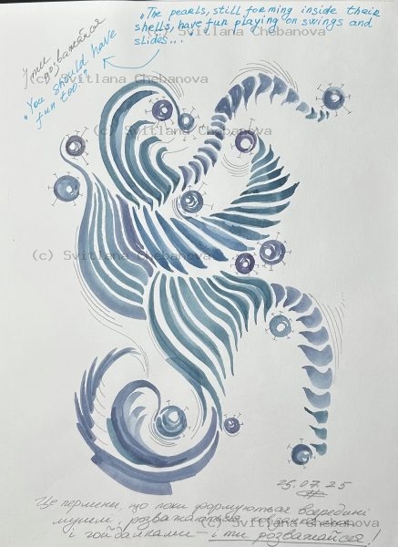 Angel artwork Day 206 - Blue watercolor flowing seahorse bird pearls circles playful
