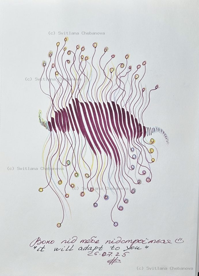 Angel artwork Day 207 - Purple pen watercolor vertical stripes wavy lines spheres
