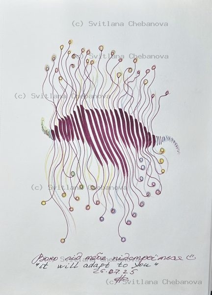 Angel artwork Day 207 - Purple pen watercolor vertical stripes wavy lines spheres