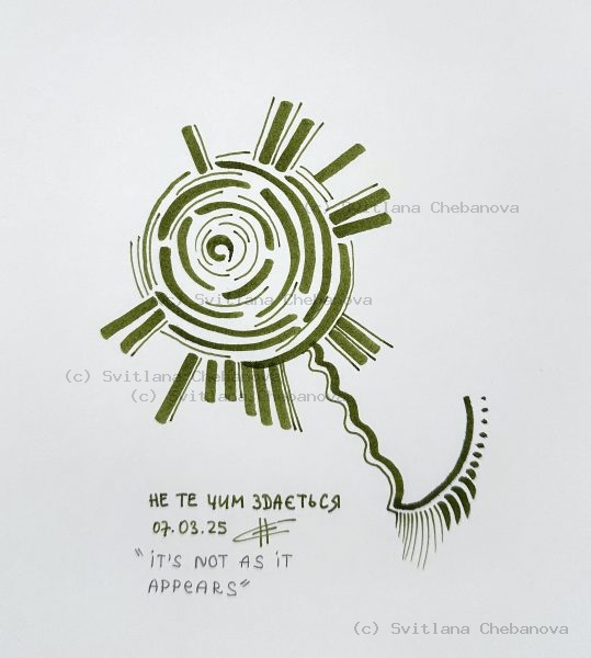 Angel artwork Day 66 - Green olive marker spiral sun radiating rays curved tail