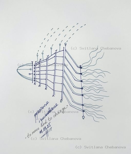 Angel artwork Day 67 - Blue pen abstract ship vessel horizontal lines waves