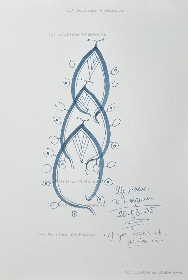 Angel artwork Day 79 - Blue gray pen three intertwined leaf shapes eyes