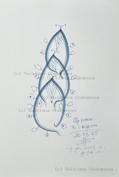 Angel artwork Day 79 - Blue gray pen three intertwined leaf shapes eyes