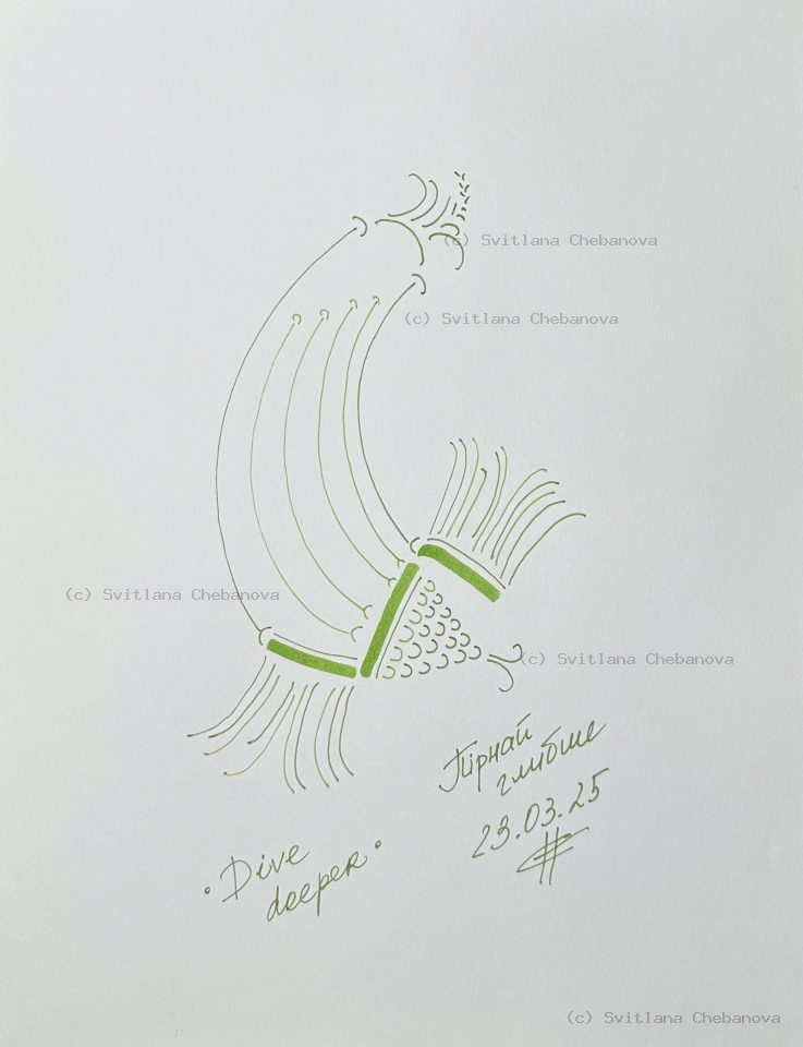 Angel artwork Day 82 - Green olive pen flowing fish bird curved dotted textures