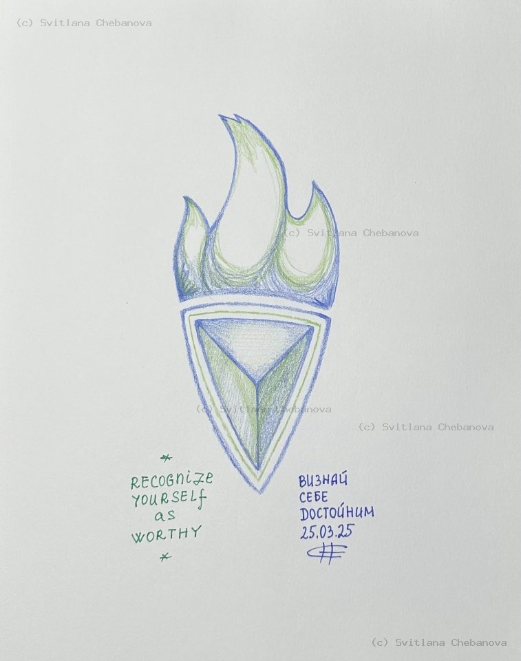 Angel artwork Day 84 - Green blue colored pencil flame torch triangular shield