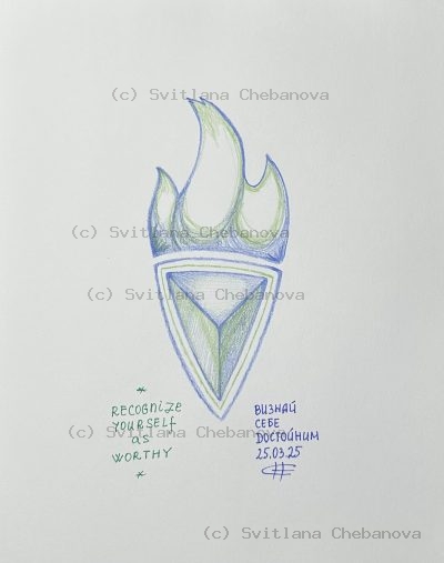 Angel artwork Day 84 - Green blue colored pencil flame torch triangular shield